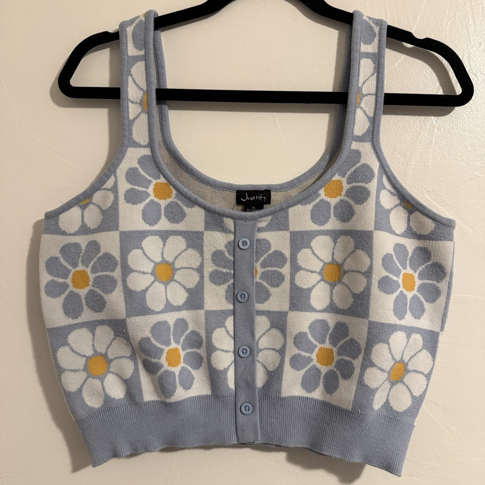 Y2K Vibes Justify Knit Crop Tank Top Blue & White Checked Daisy Print Size XL